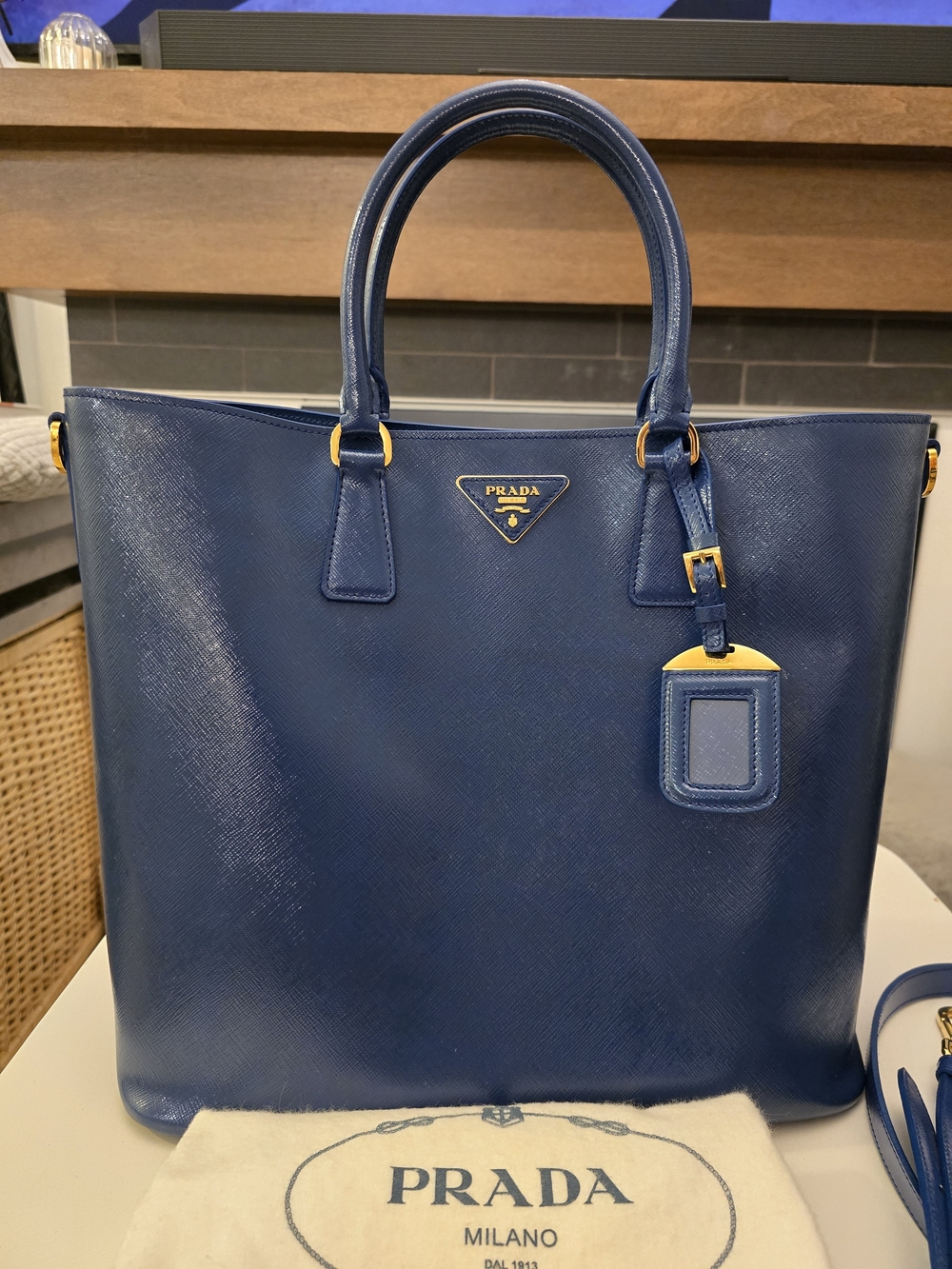 Prada Navy Saffiano Leather Shoulder Strap with Gold Hardware